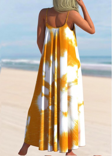 Yellow swimwear,Tie Dye swimwear,ROTITA Tie Dye Print Spaghetti Strap Yellow Cover Up Dress