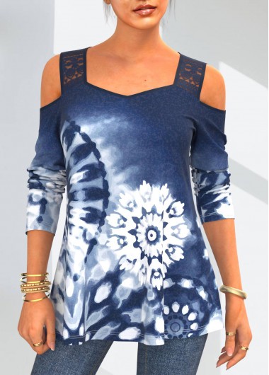 Blue tops,Tie Dye tops,ROTITA Lace Stitching Tie Dye Print Blue T Shirt