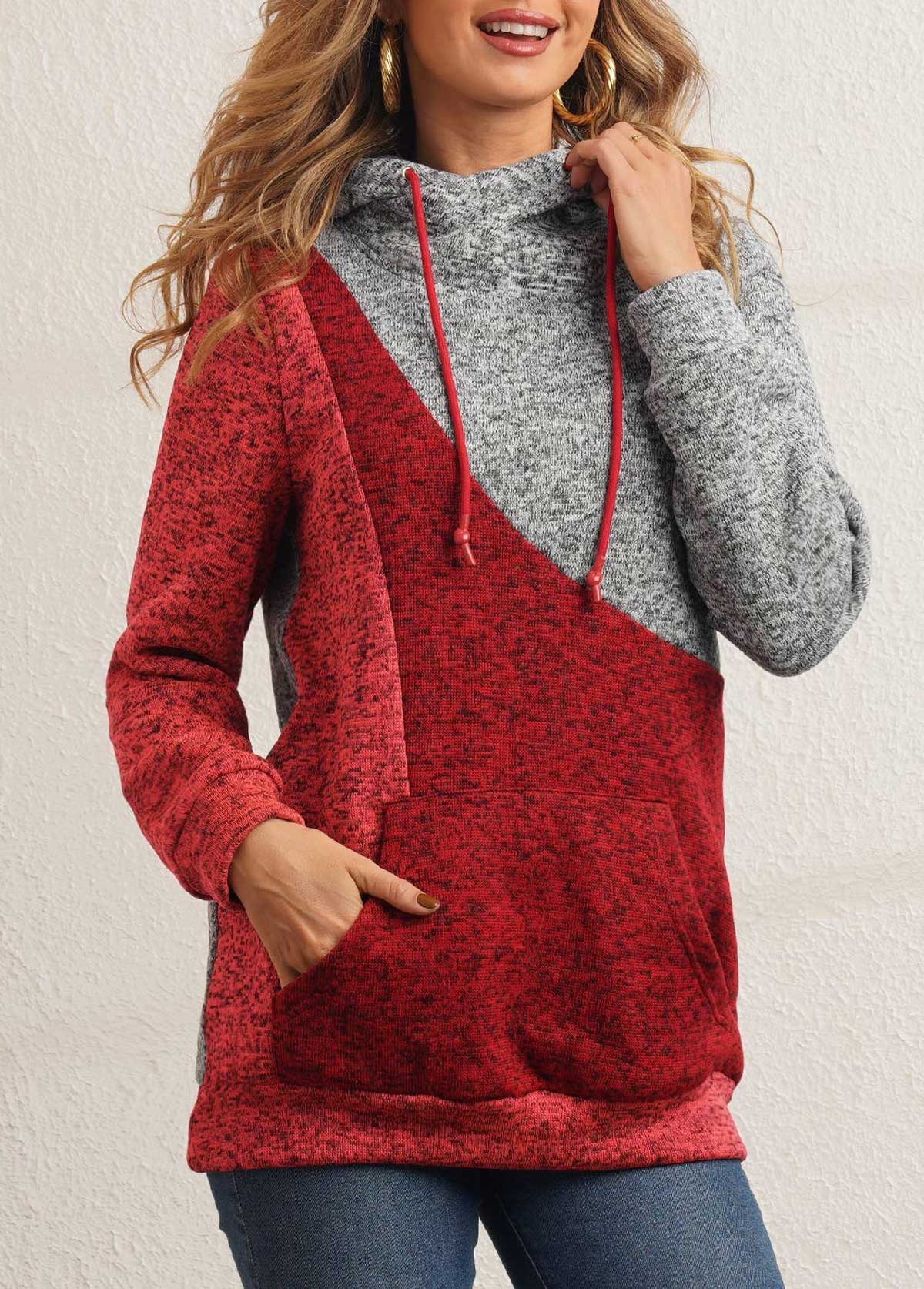Multi Color tops,Contrast Color tops,ROTITA Drawstring Color Block Kangaroo Pocket Hoodie