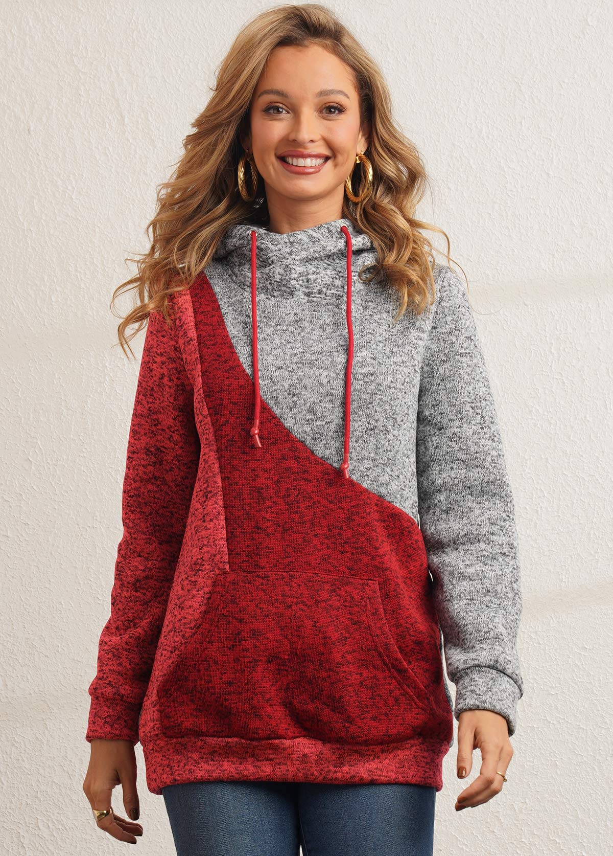 Multi Color tops,Contrast Color tops,ROTITA Drawstring Color Block Kangaroo Pocket Hoodie