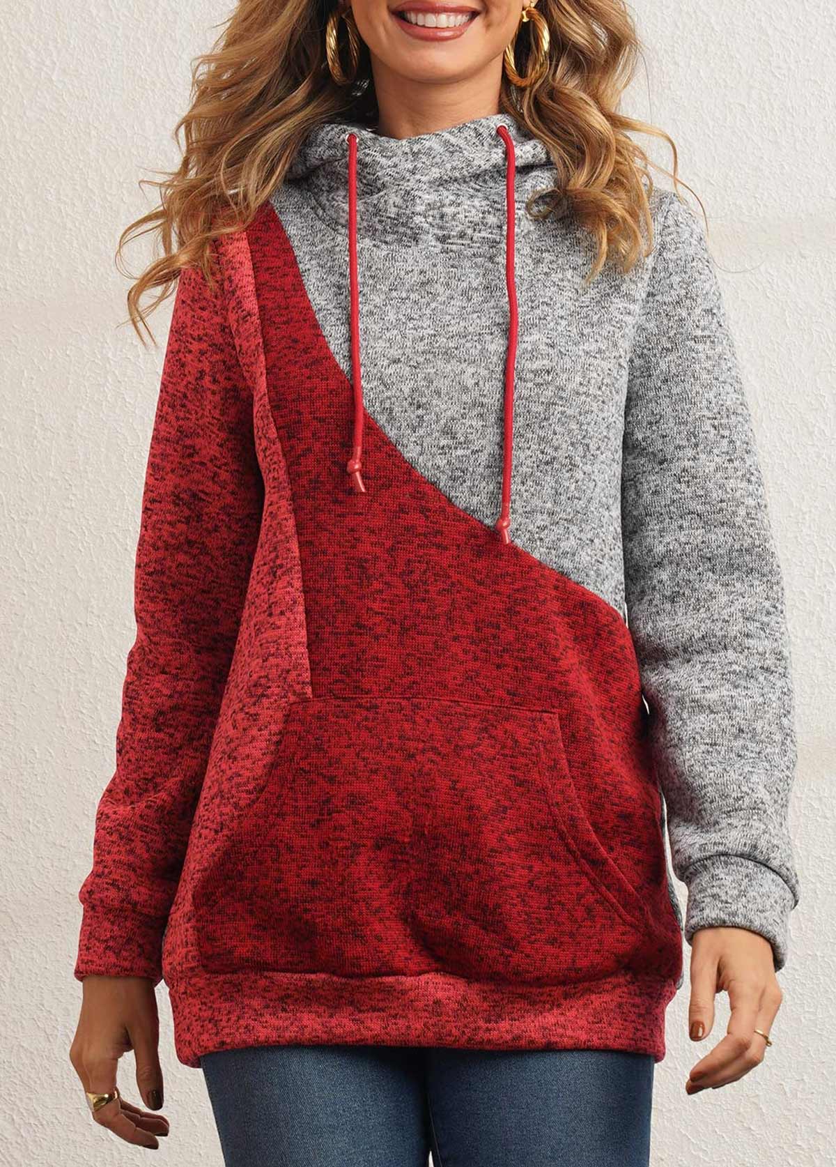 Multi Color tops,Contrast Color tops,ROTITA Drawstring Color Block Kangaroo Pocket Hoodie