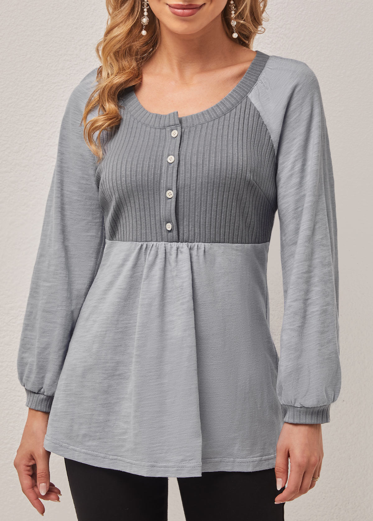 Grey tops,Plain Color tops,ROTITA Round Neck Grey Long Sleeve T Shirt
