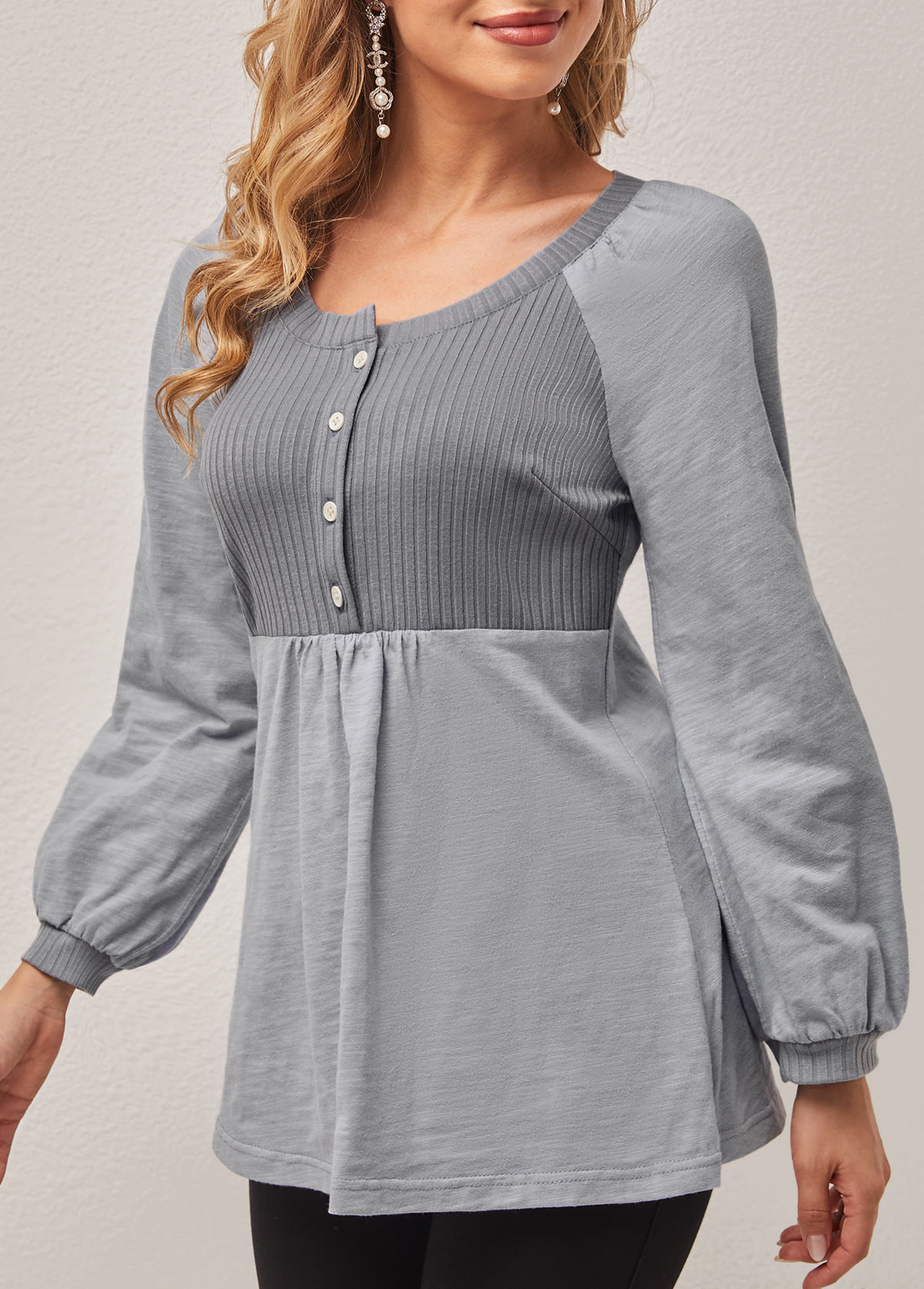 Grey tops,Plain Color tops,ROTITA Round Neck Grey Long Sleeve T Shirt