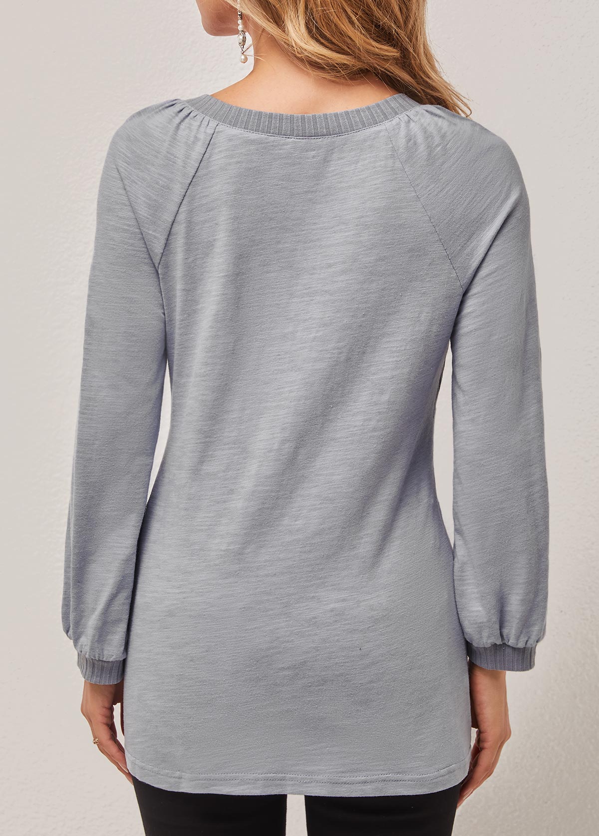Grey tops,Plain Color tops,ROTITA Round Neck Grey Long Sleeve T Shirt