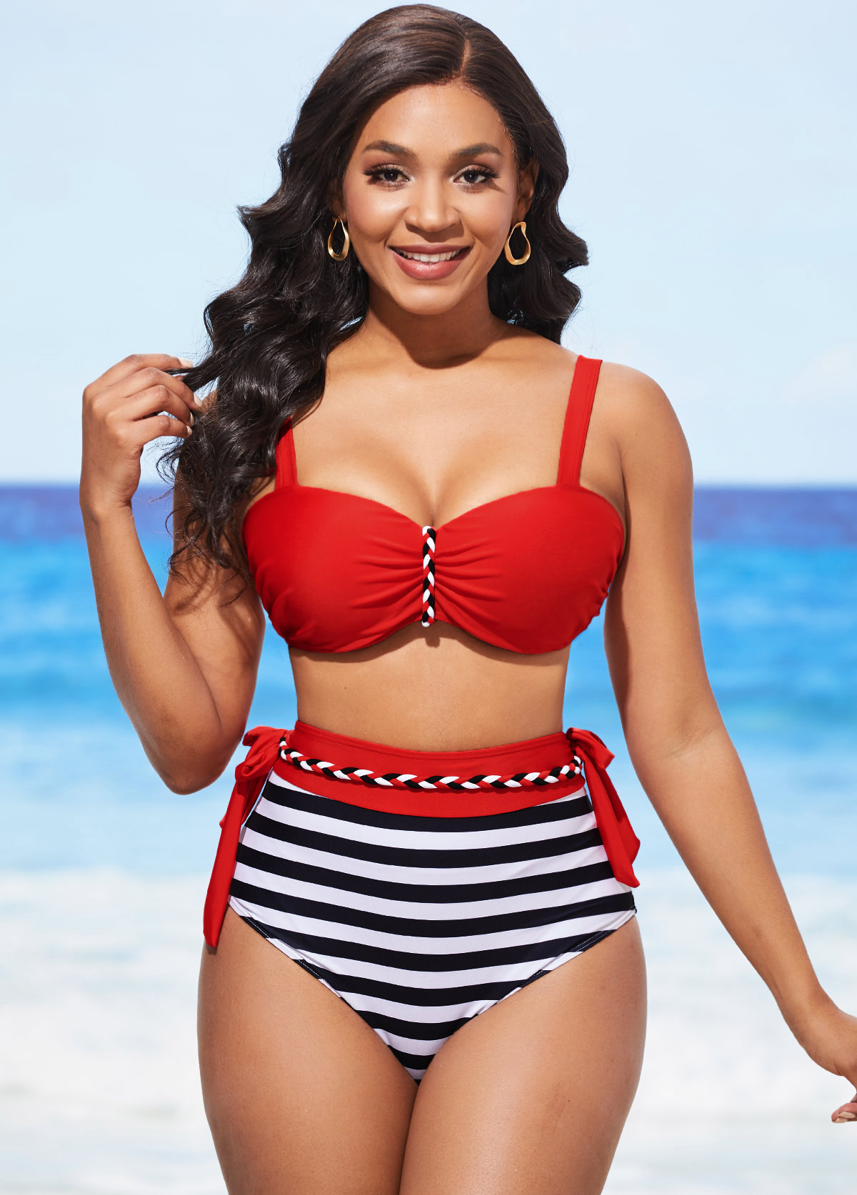 Multi Color swimwear,Striped swimwear,ROTITA Stripe Print Color Block High Waisted Bikini Set
