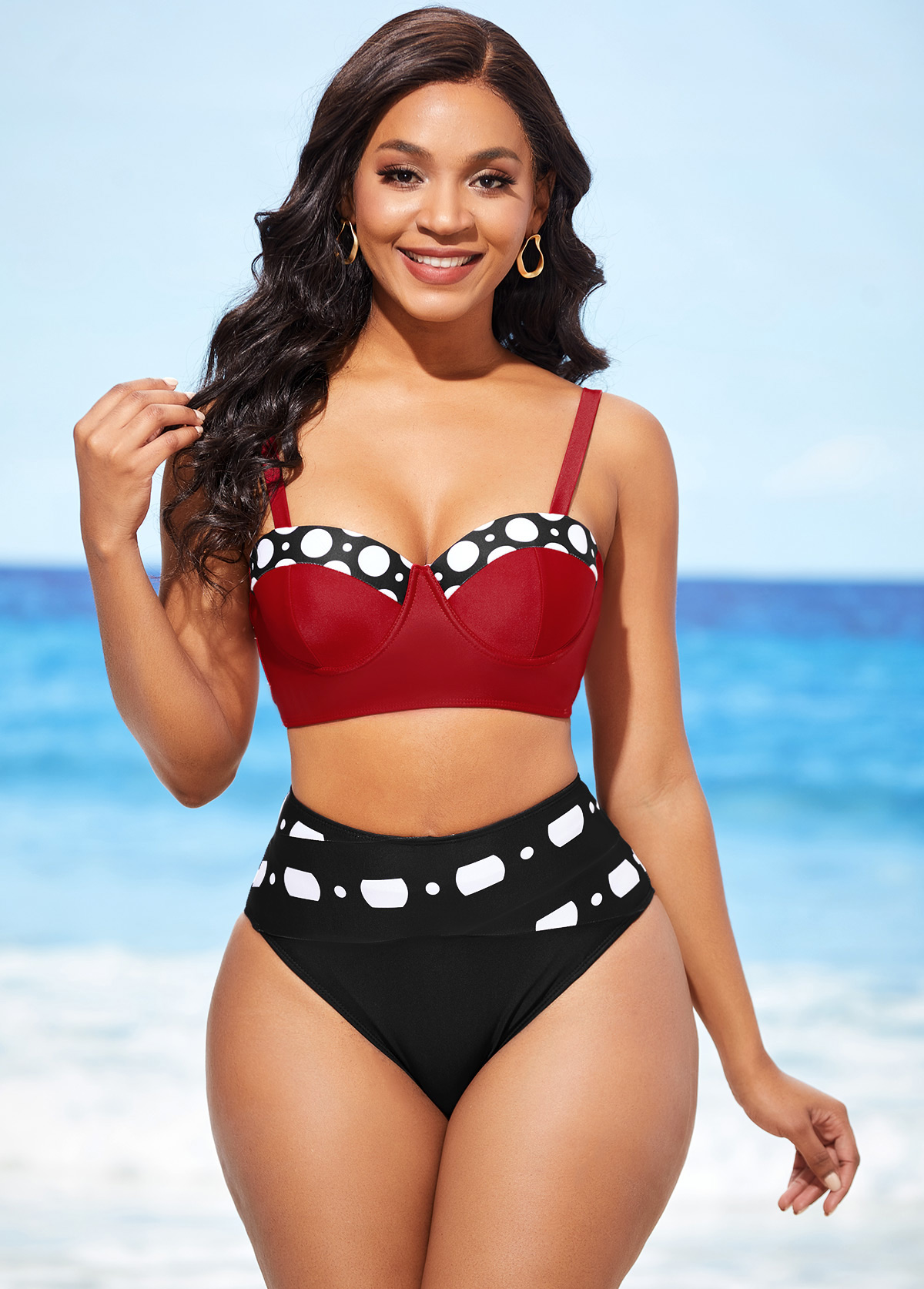 ROTITA Color Block Polka Dot High Waisted Bikini Set