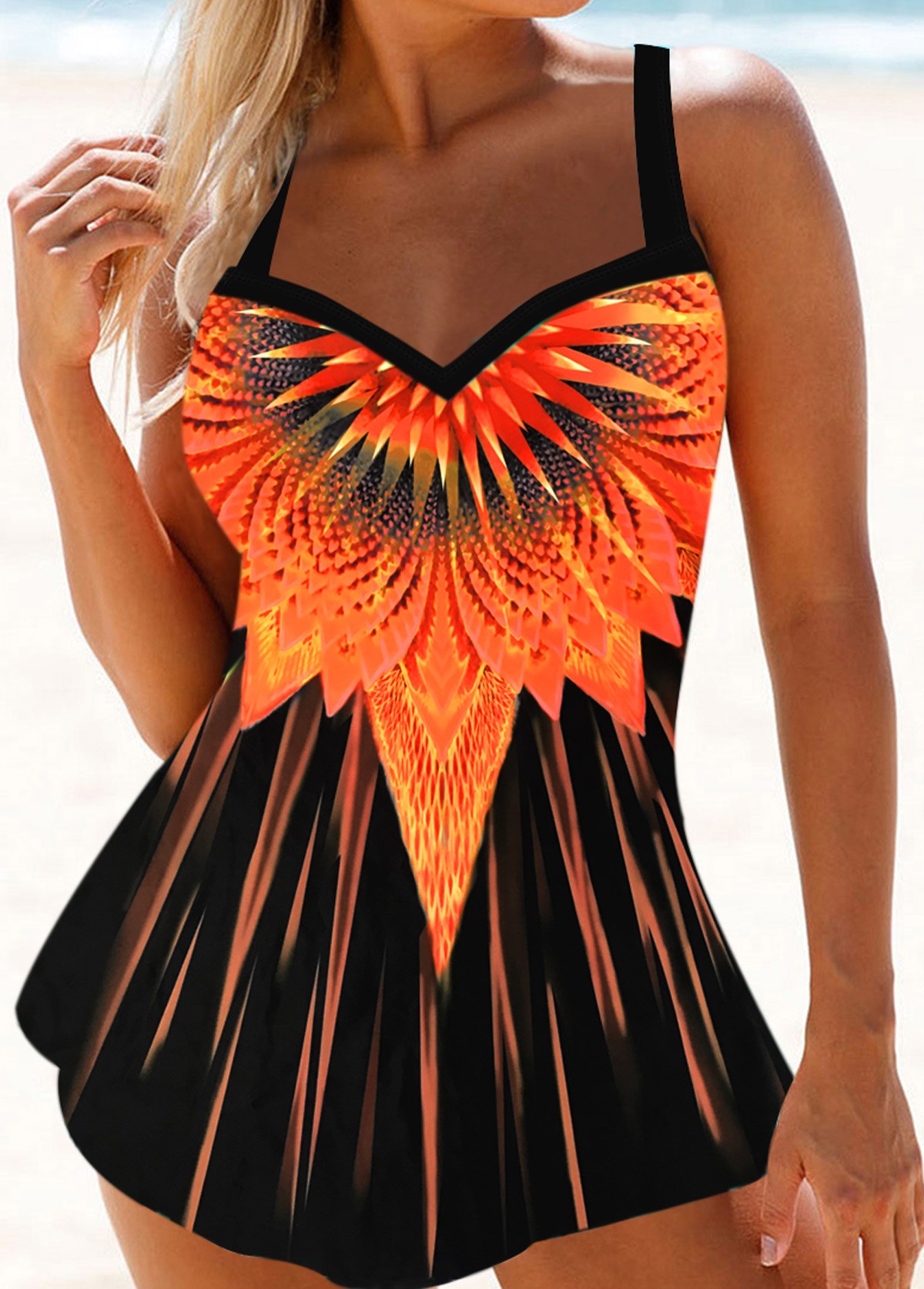 ROTITA Printed Orange Wide Strap Swimdress Top-No Bottom