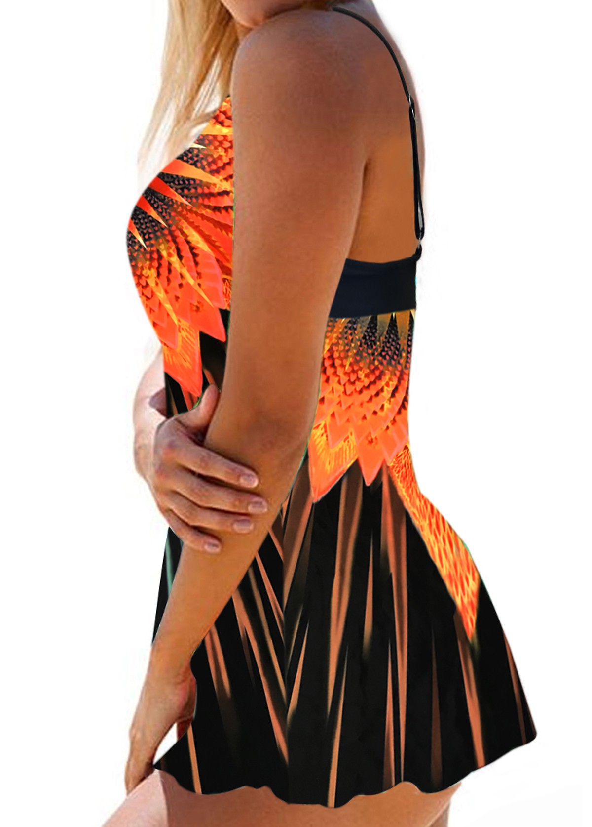 Orange swimwear,Floral swimwear,ROTITA Printed Orange Wide Strap Swimdress Top