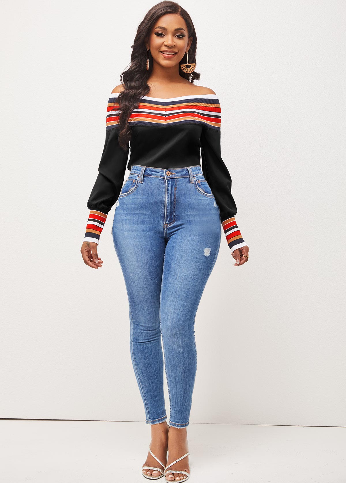 Black tops,Striped tops,Off Shoulder Stripe Black Long Sleeve Blouse