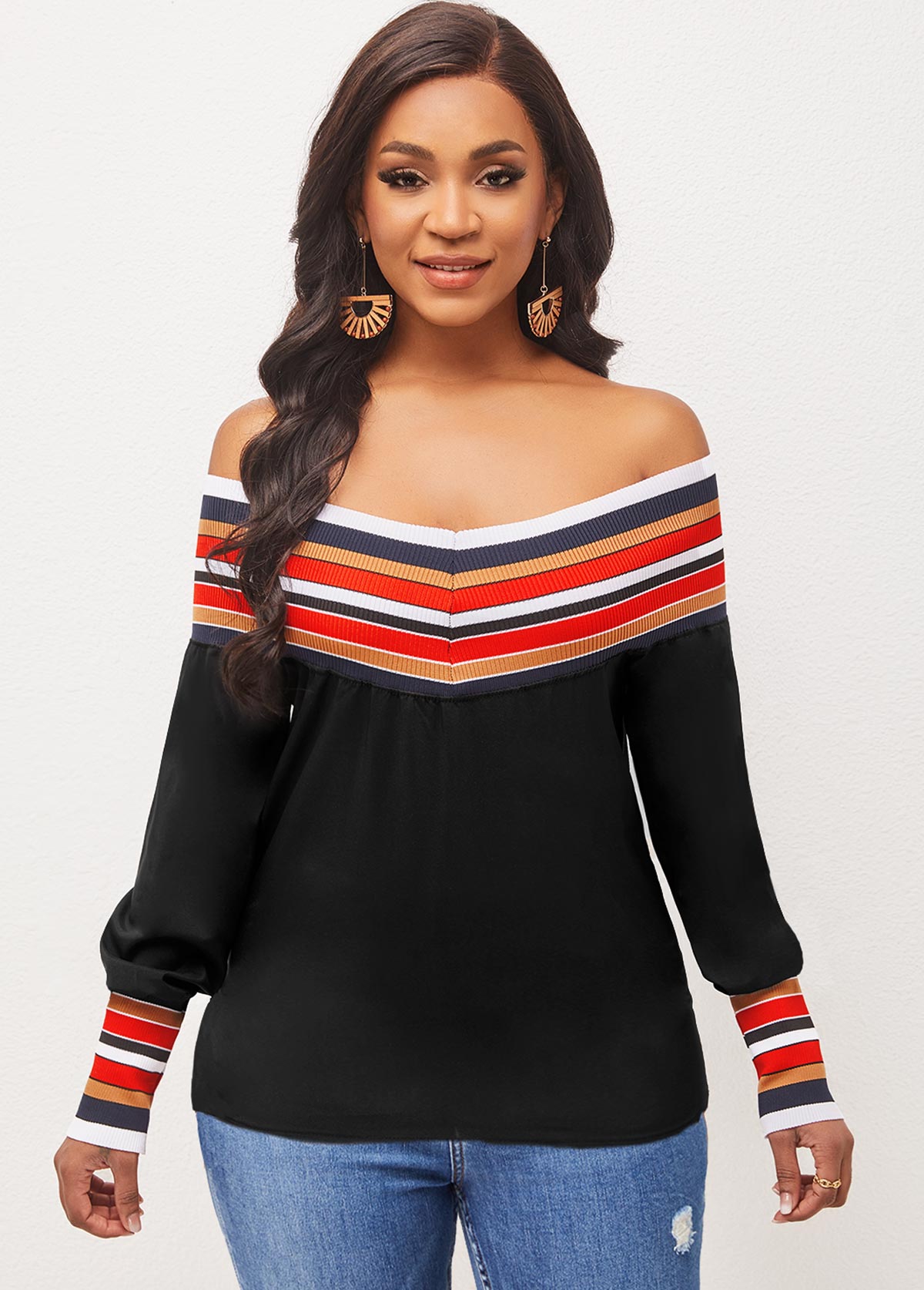 Black tops,Striped tops,Off Shoulder Stripe Black Long Sleeve Blouse