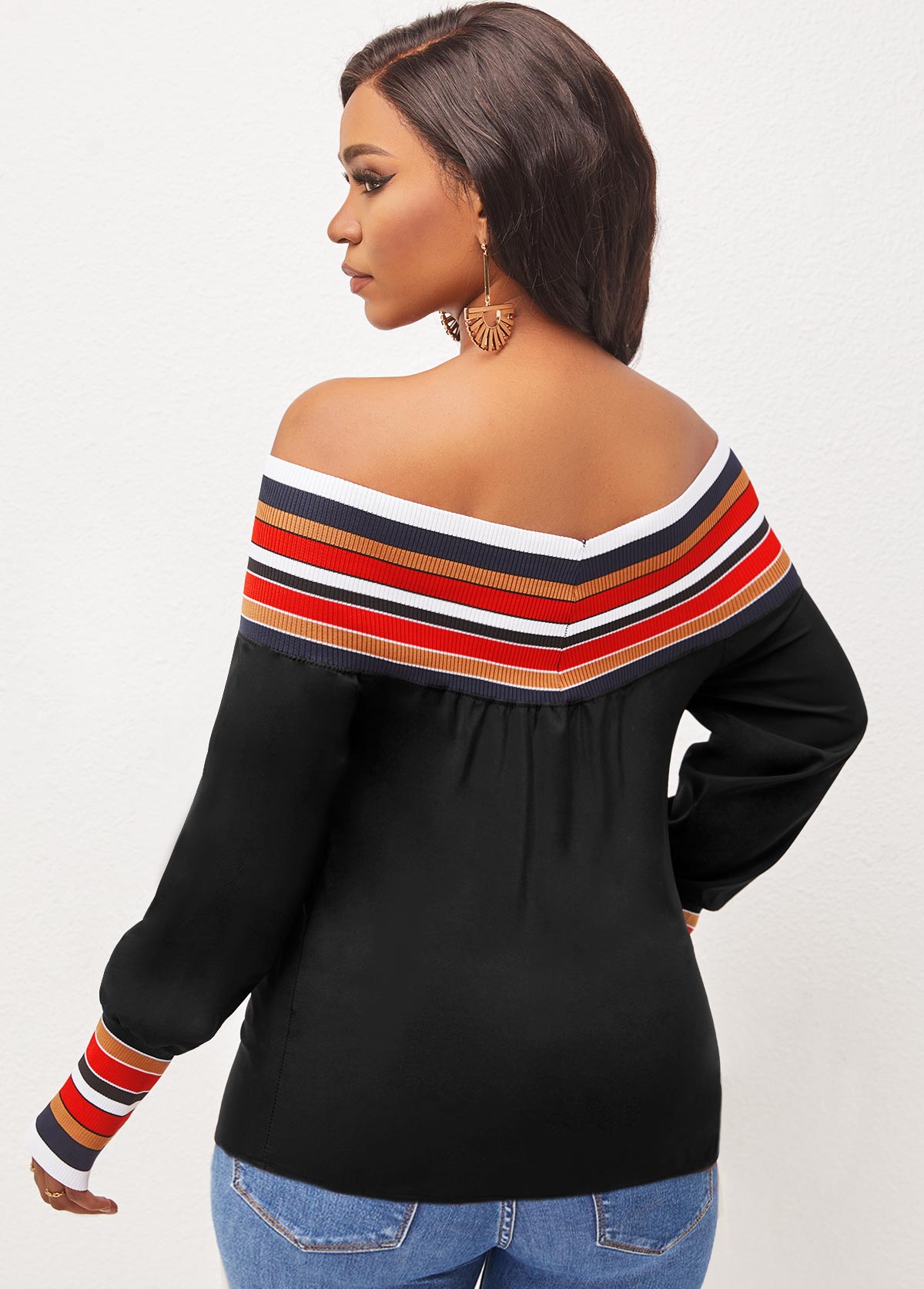 Black tops,Striped tops,Off Shoulder Stripe Black Long Sleeve Blouse