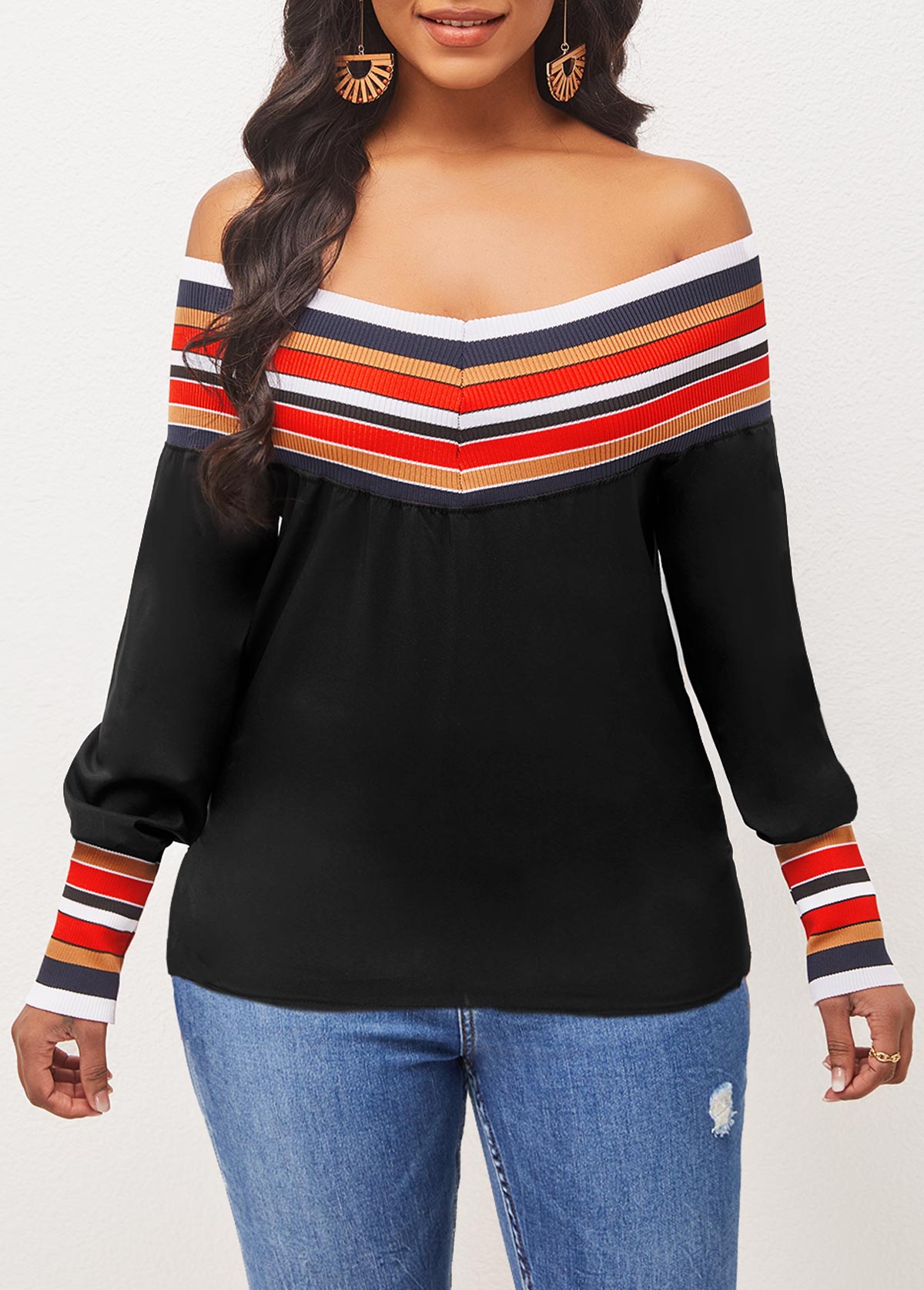 Black tops,Striped tops,Off Shoulder Stripe Black Long Sleeve Blouse