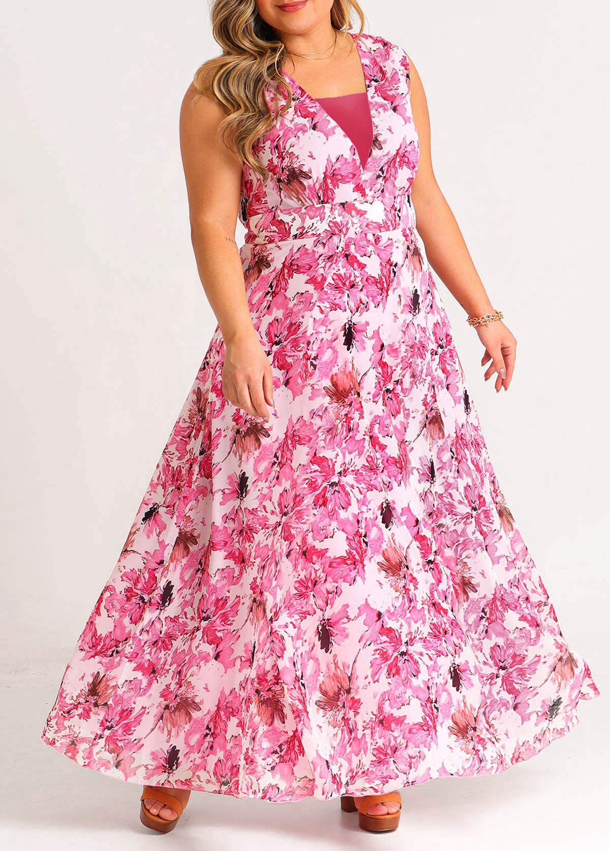 ROTITA Floral Print Chiffon Pink Sleeveless Plus Size Dress