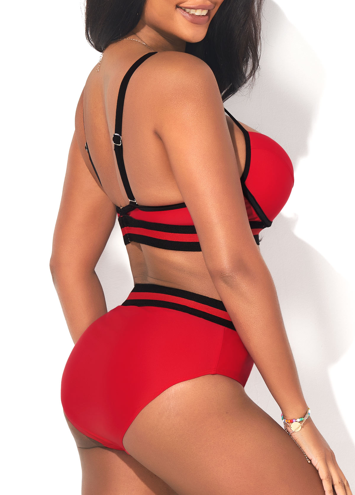 Deep Red swimwear,Contrast Color swimwear,ROTITA Mid Waist Webbing Deep Red Bikini Set