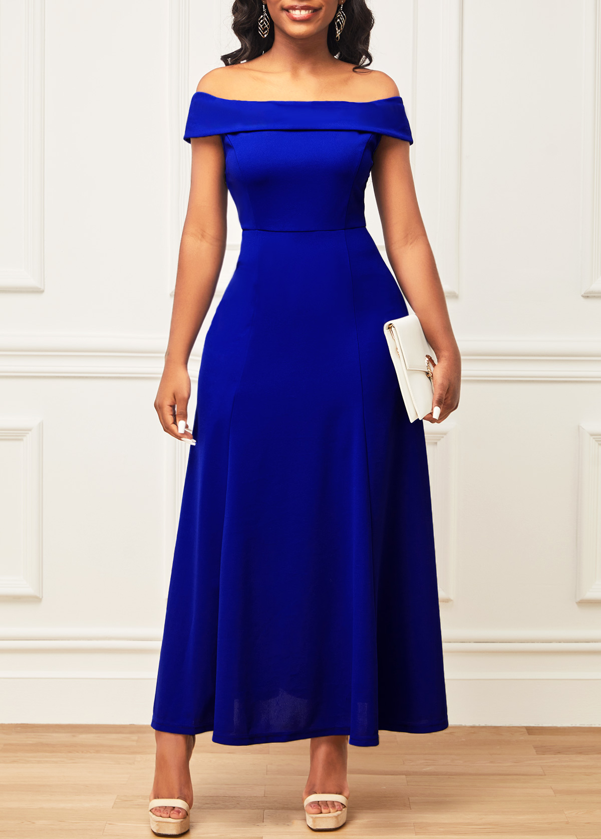 ROTITA Blue Off Shoulder Short Sleeve Maxi Dress