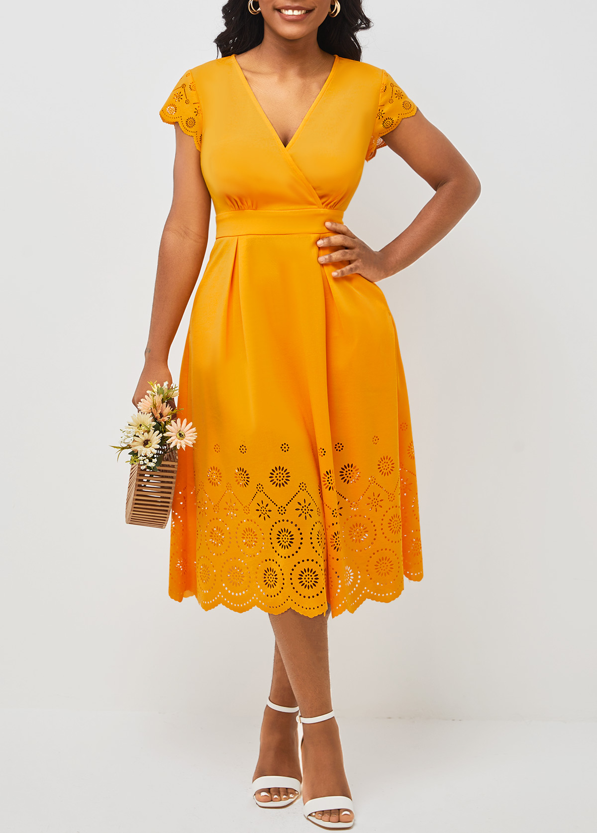 ROTITA Orange Floral Design Double Side Pockets V Neck Dress