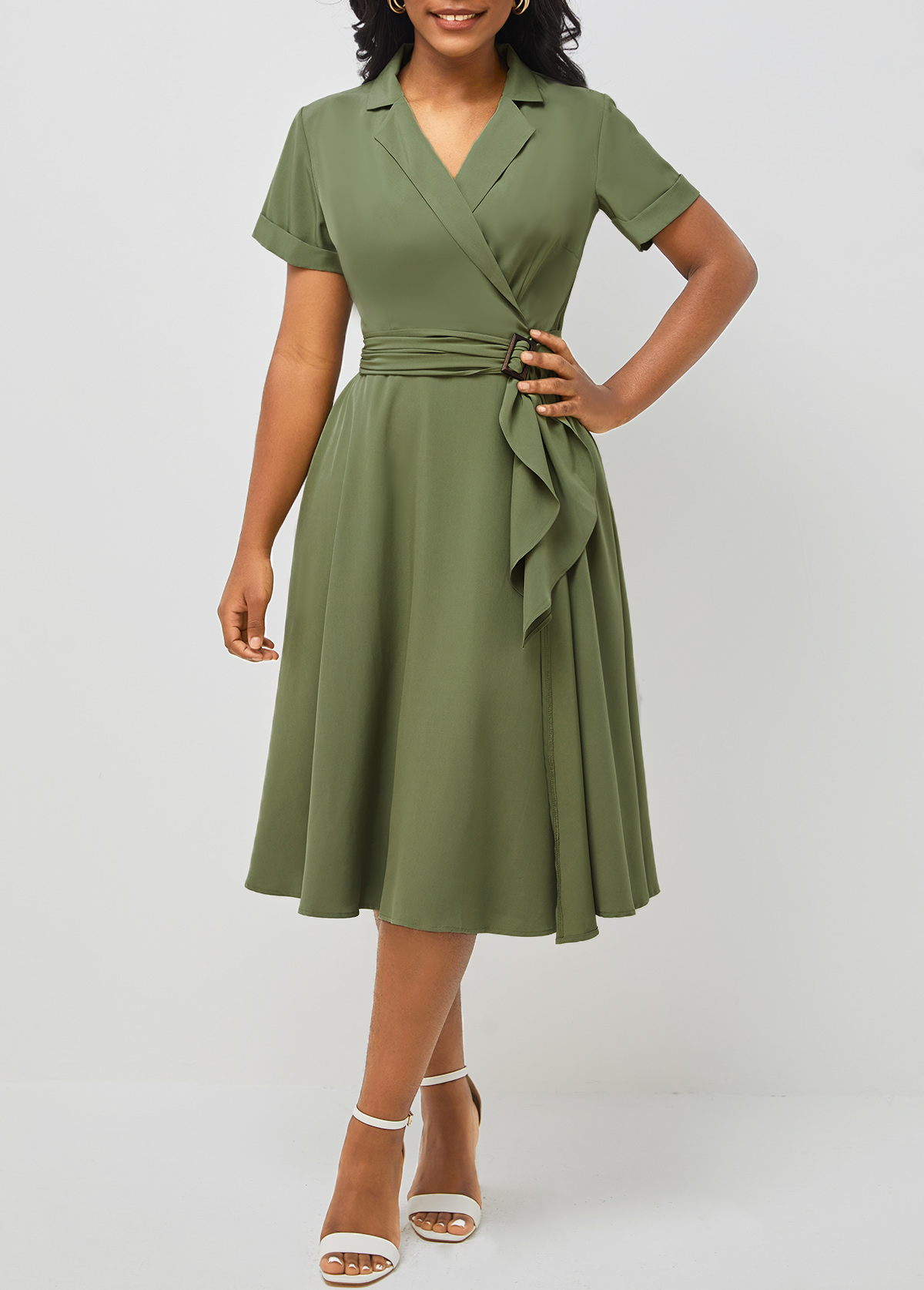 ROTITA Army Green Notch Collar Short 