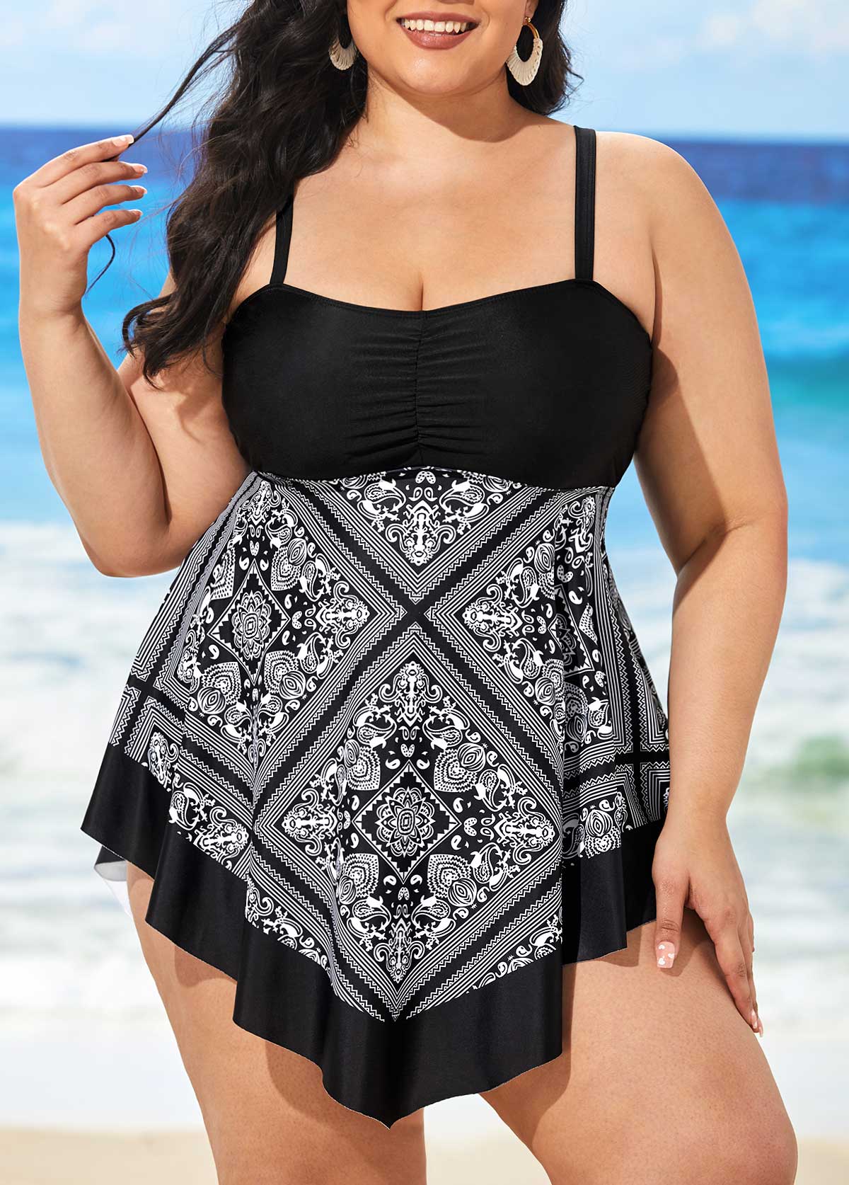 Plus Size Black Tribal Print Swimdress and Shorts