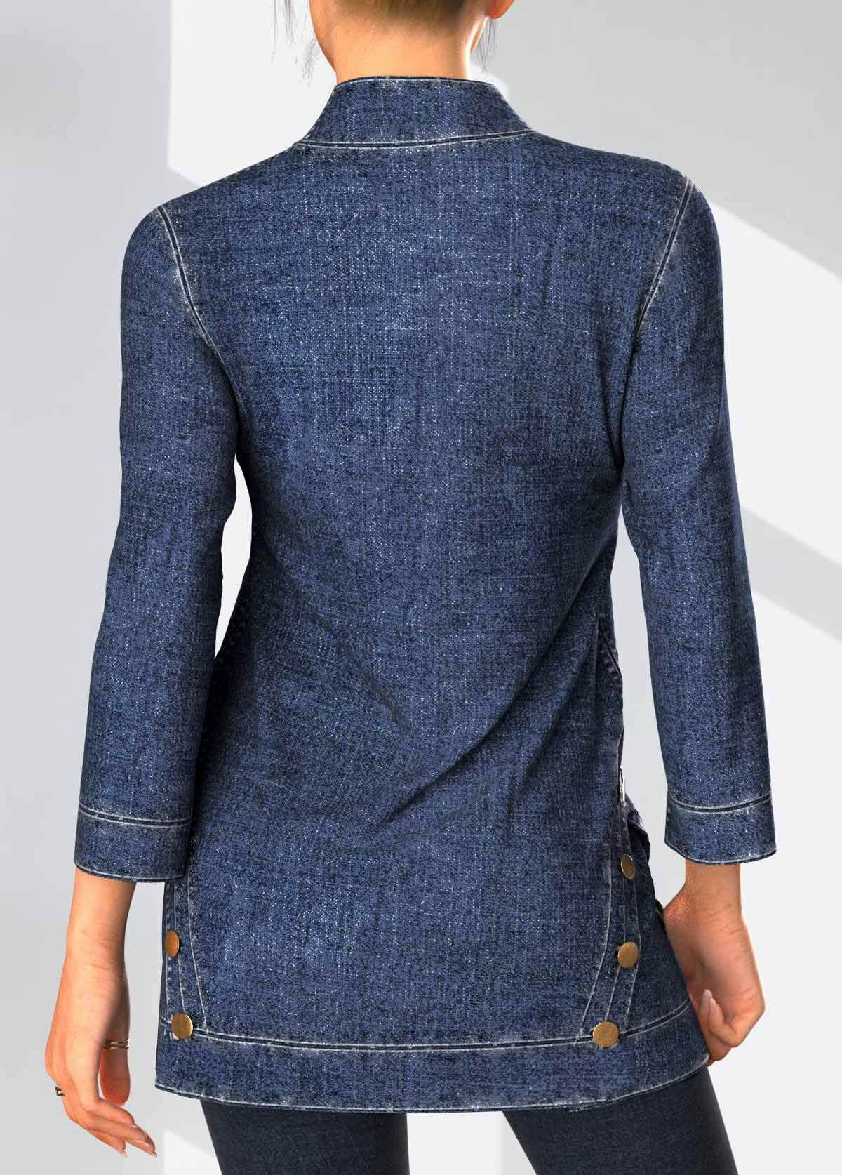 Denim Blue tops,Plain Color tops,ROTITA Decorative Button Denim Blue V Neck Blouse