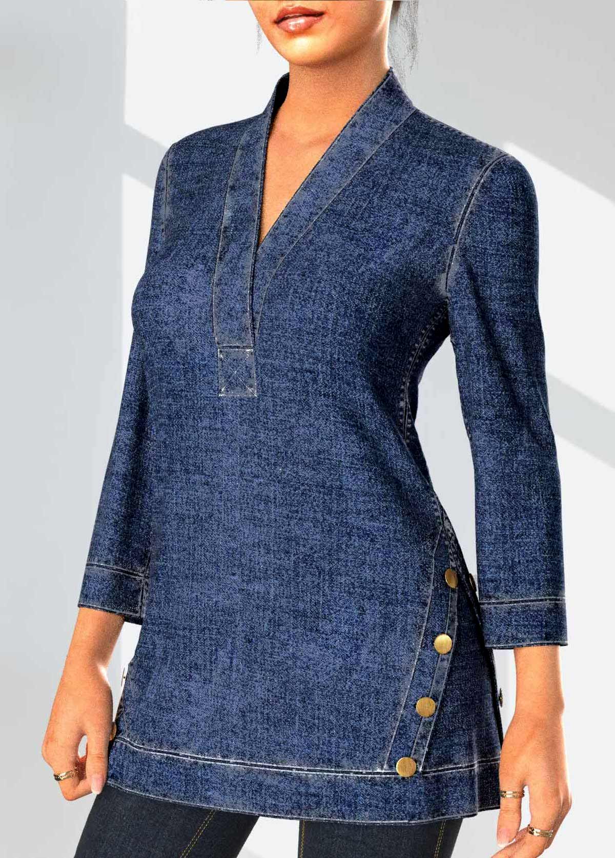 Denim Blue tops,Plain Color tops,ROTITA Decorative Button Denim Blue V Neck Blouse