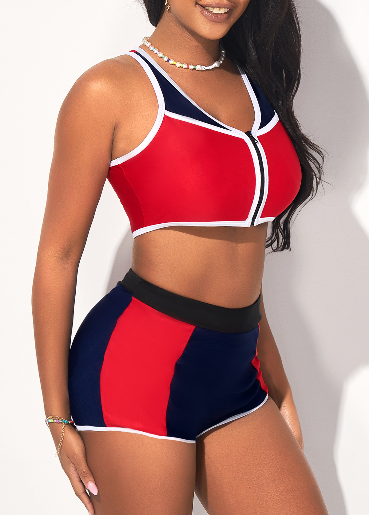 Red swimwear,Contrast Color swimwear,ROTITA Red High Waisted Wide Strap Bikini Set