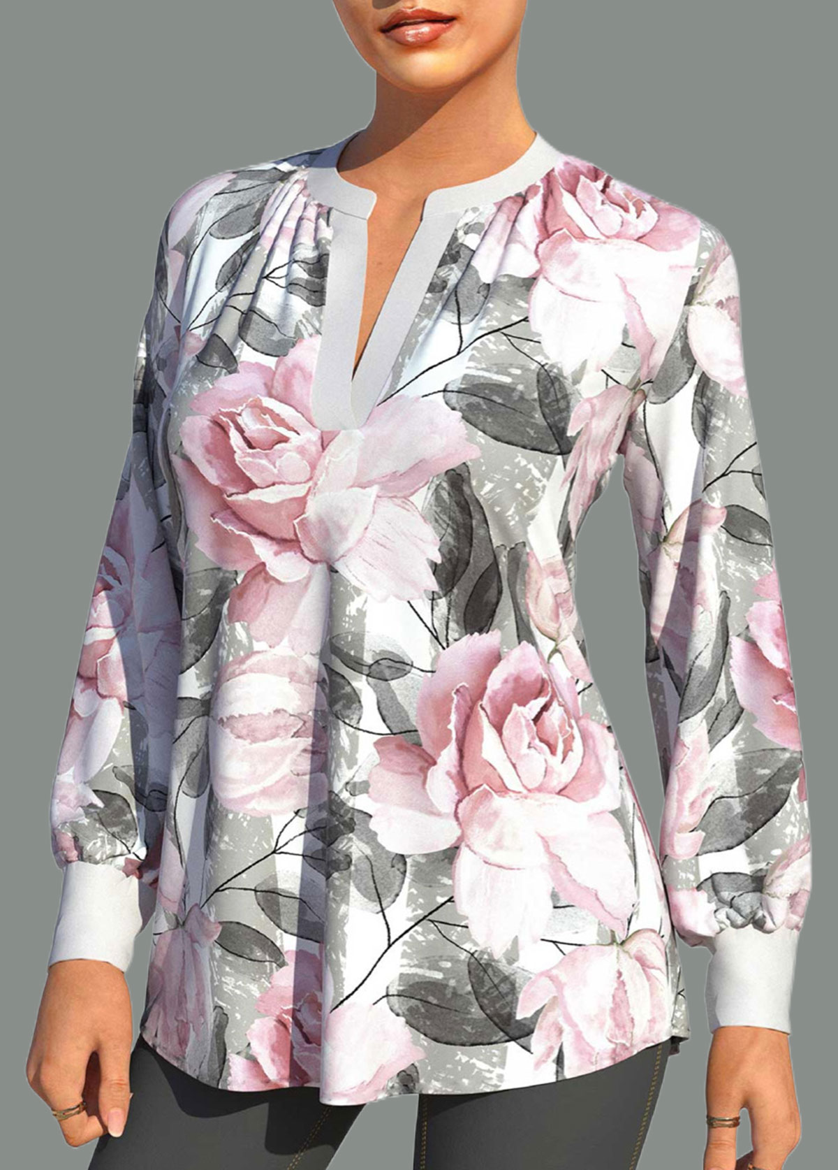 White tops,Floral tops,ROTITA Valentines White Rose Print Split Neck Blouse