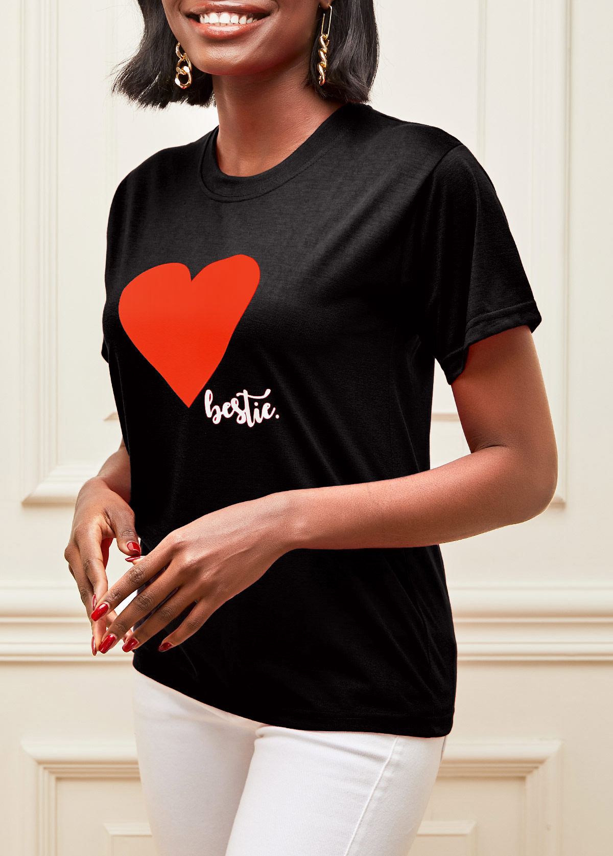 Black tops,Letter tops,Black Valentines Short Sleeve Heart Print T Shirt