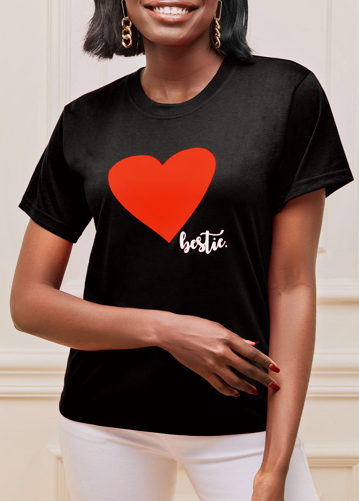 Black tops,Letter tops,Black Valentines Short Sleeve Heart Print T Shirt