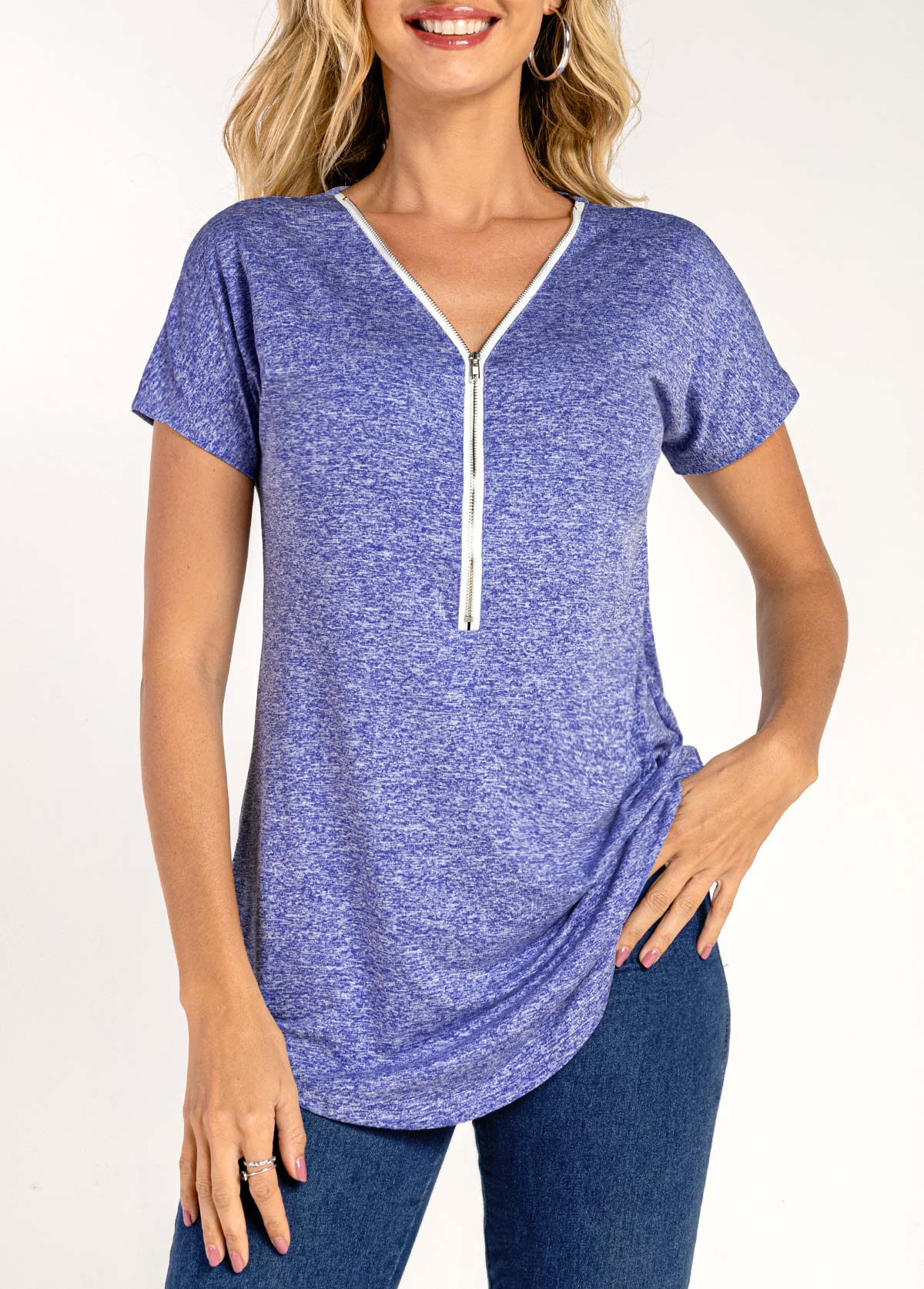 Purplish Blue Quarter Zip Short Sleeve T Shirt