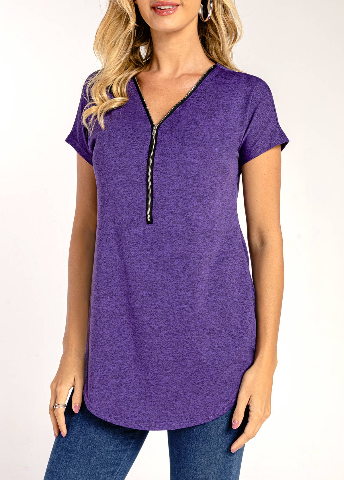 Purple tops,Plain Color tops,Quarter Zip Purple Short Sleeve T Shirt