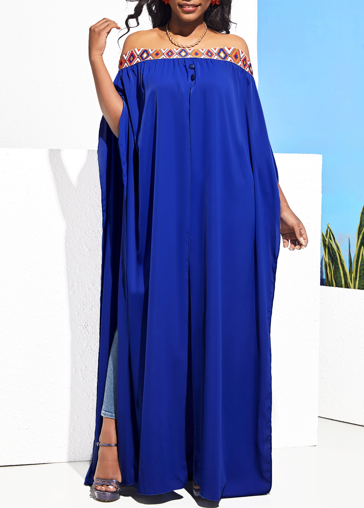 Royal Blue tops,Tribal tops,ROTITA Off Shoulder Geometric Print Royal Blue Front Slit Blouse