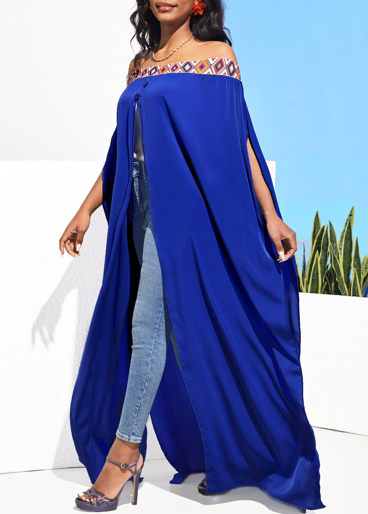 Royal Blue tops,Tribal tops,ROTITA Off Shoulder Geometric Print Royal Blue Front Slit Blouse