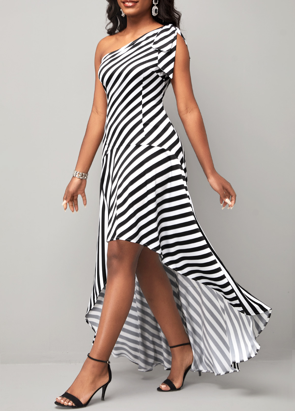 ROTITA Color Block Dip Hem Stripe Print Dress