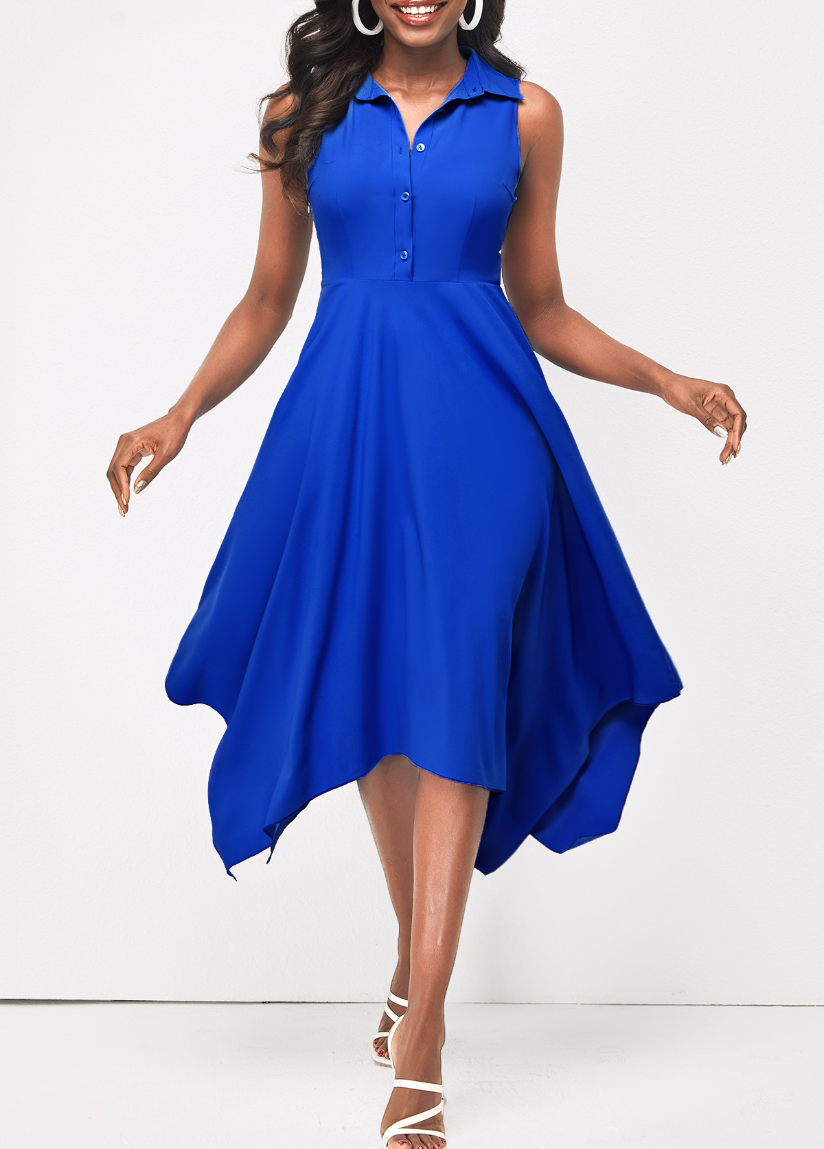 ROTITA Asymmetric Hem Sleeveless Royal Blue Shirt Dress