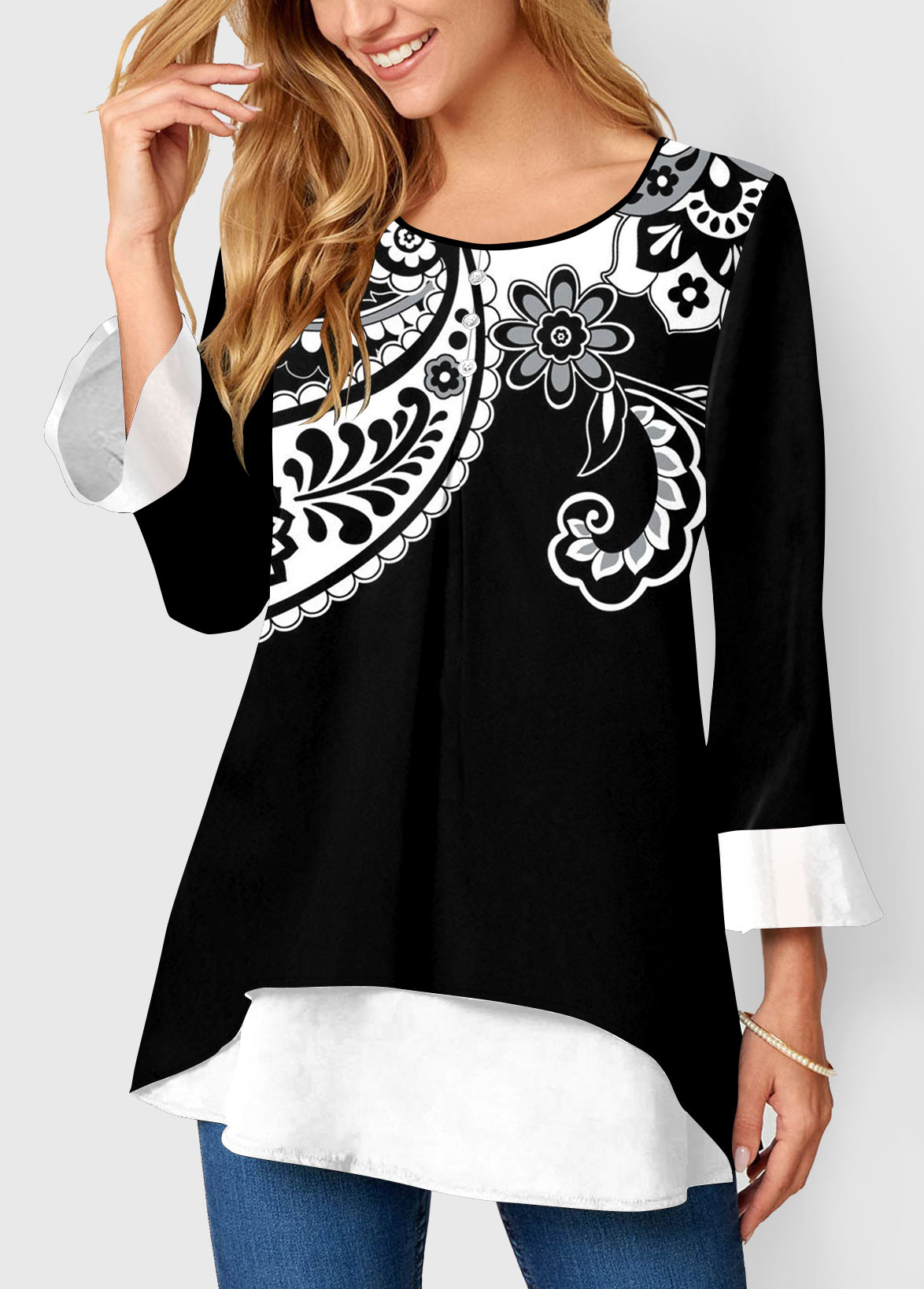 Black tops,Paisley tops,ROTITA Paisley Print Layered Hem Black Blouse