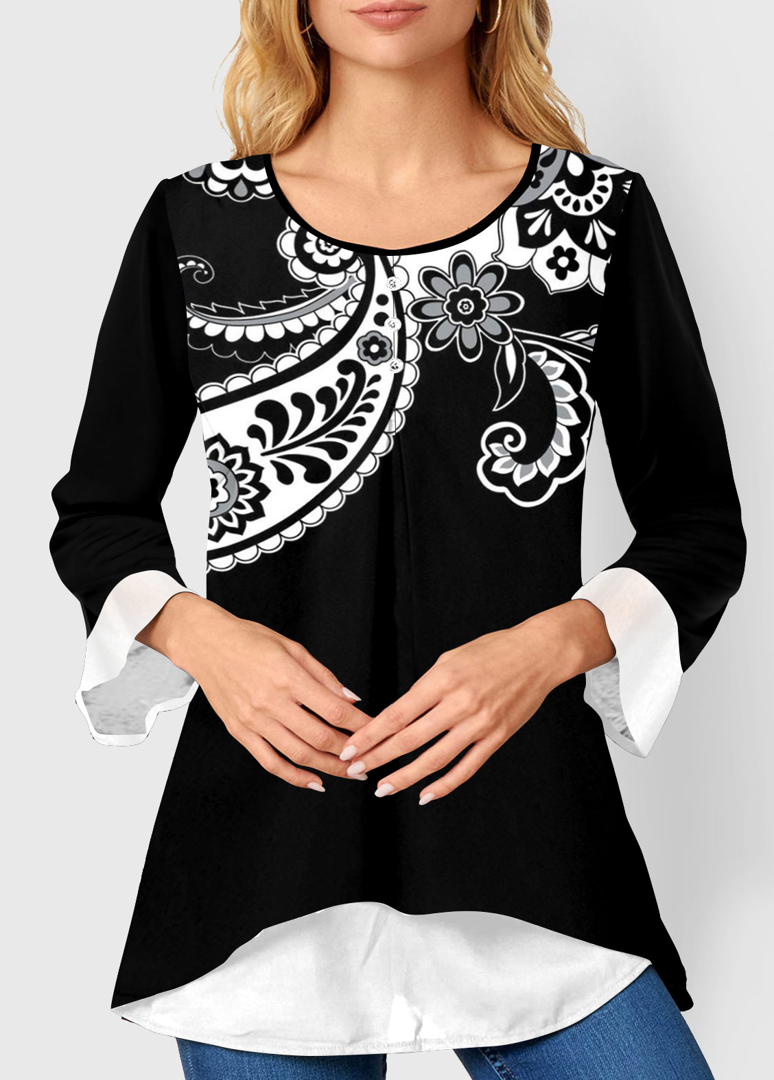 Black tops,Paisley tops,ROTITA Paisley Print Layered Hem Black Blouse