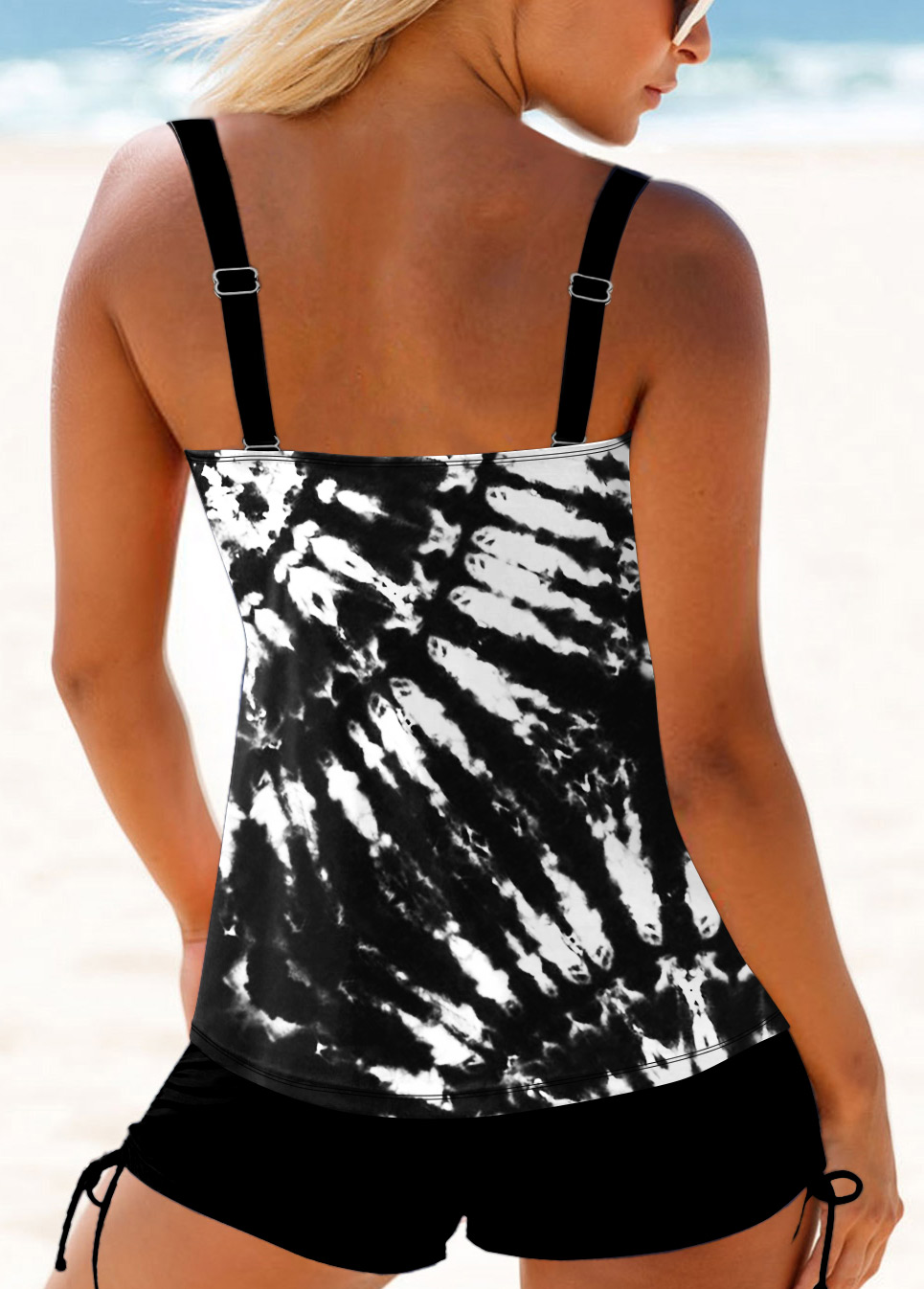 Black swimwear,Tie Dye swimwear,ROTITA Tie Dye Print Wide Strap Black Tankini Top