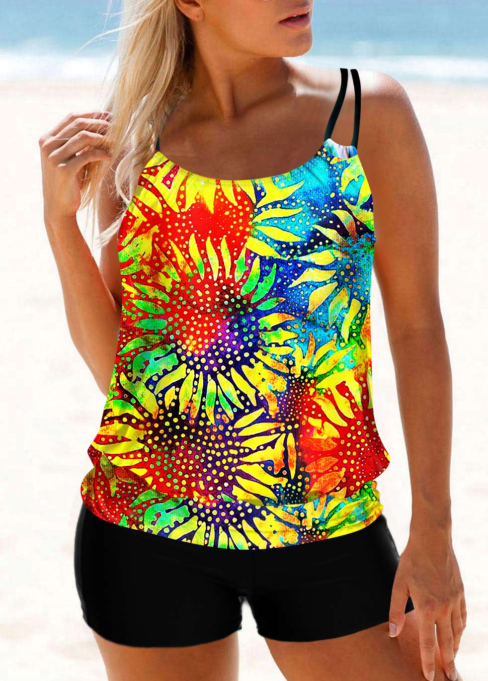 Multi Color swimwear,Plants swimwear,ROTITA Sunflower and Tie Dye Print Multi Color Tankini Top