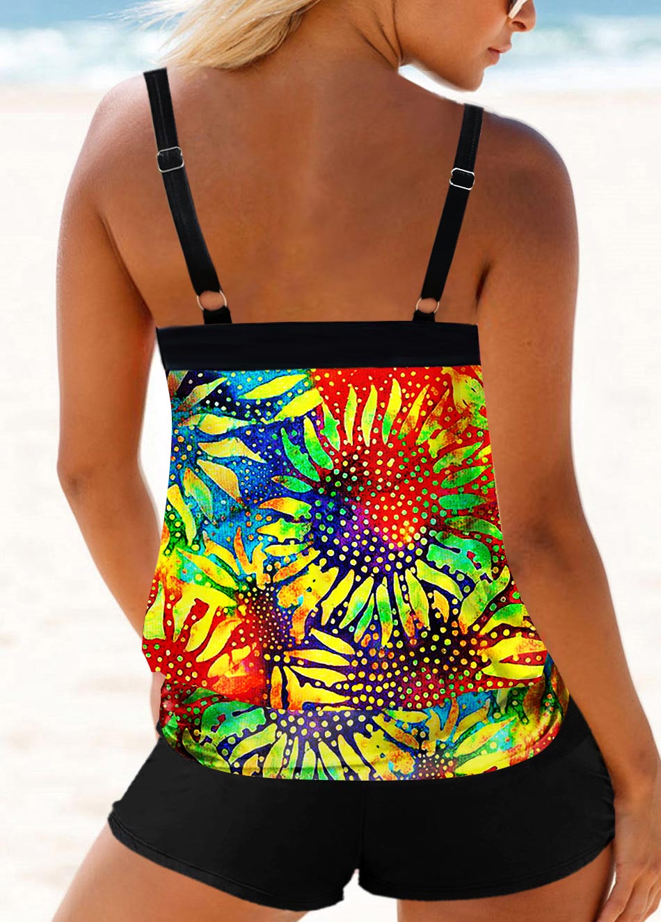 Multi Color swimwear,Plants swimwear,ROTITA Sunflower and Tie Dye Print Multi Color Tankini Top