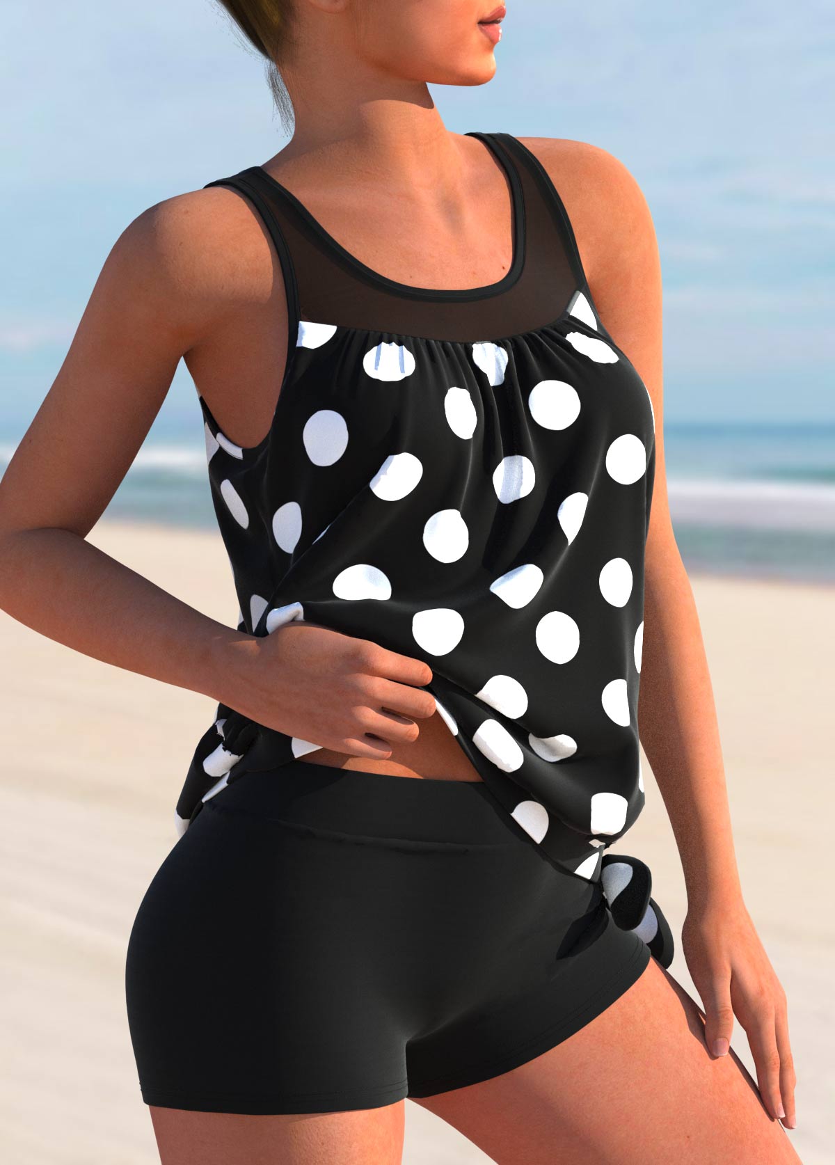 Black swimwear,Dot swimwear,ROTITA Mesh Stitching Polka Dot Black Tankini Top