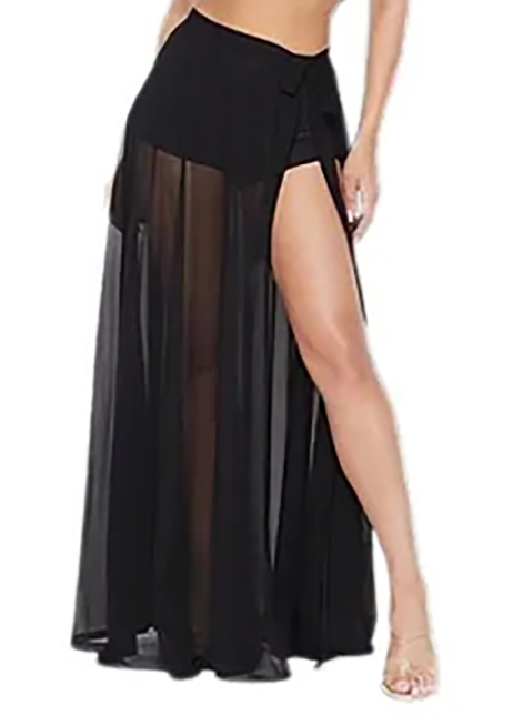Black swimwear,Plain Color swimwear,ROTITA High Waist Black Side Slit Mesh Pantskirt