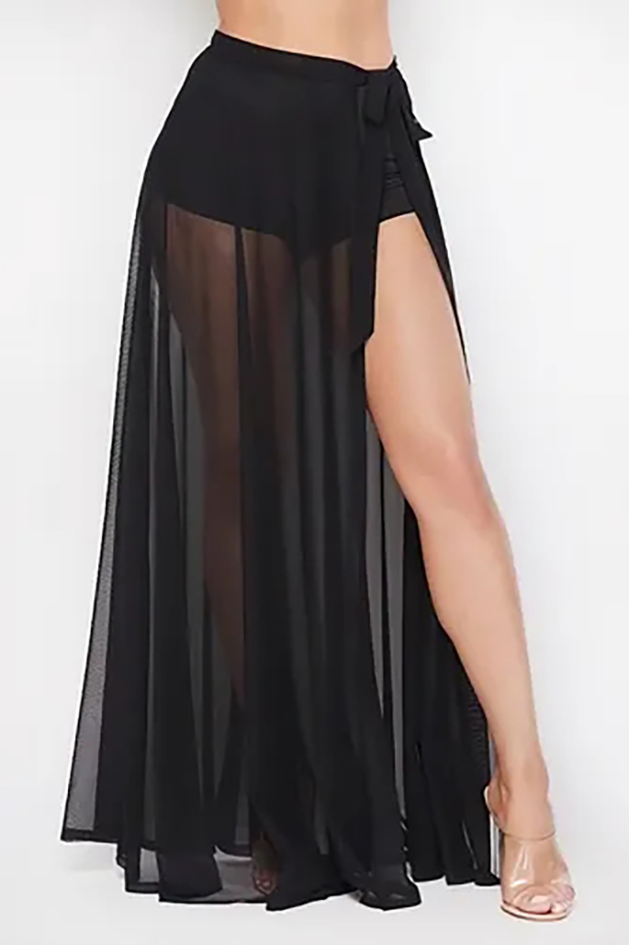 Black swimwear,Plain Color swimwear,ROTITA High Waist Black Side Slit Mesh Pantskirt