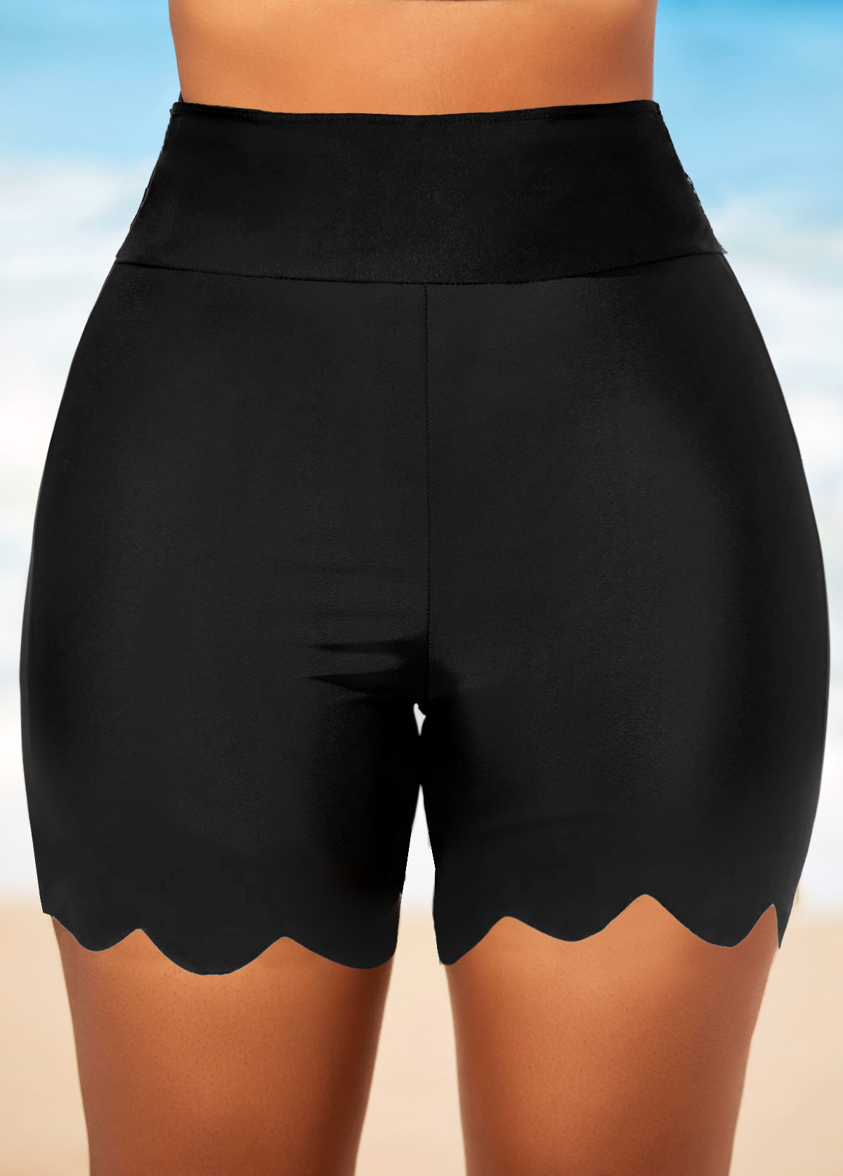 Black swimwear,Plain Color swimwear,ROTITA Black Wavy Hem High Waisted Swimwear Shorts