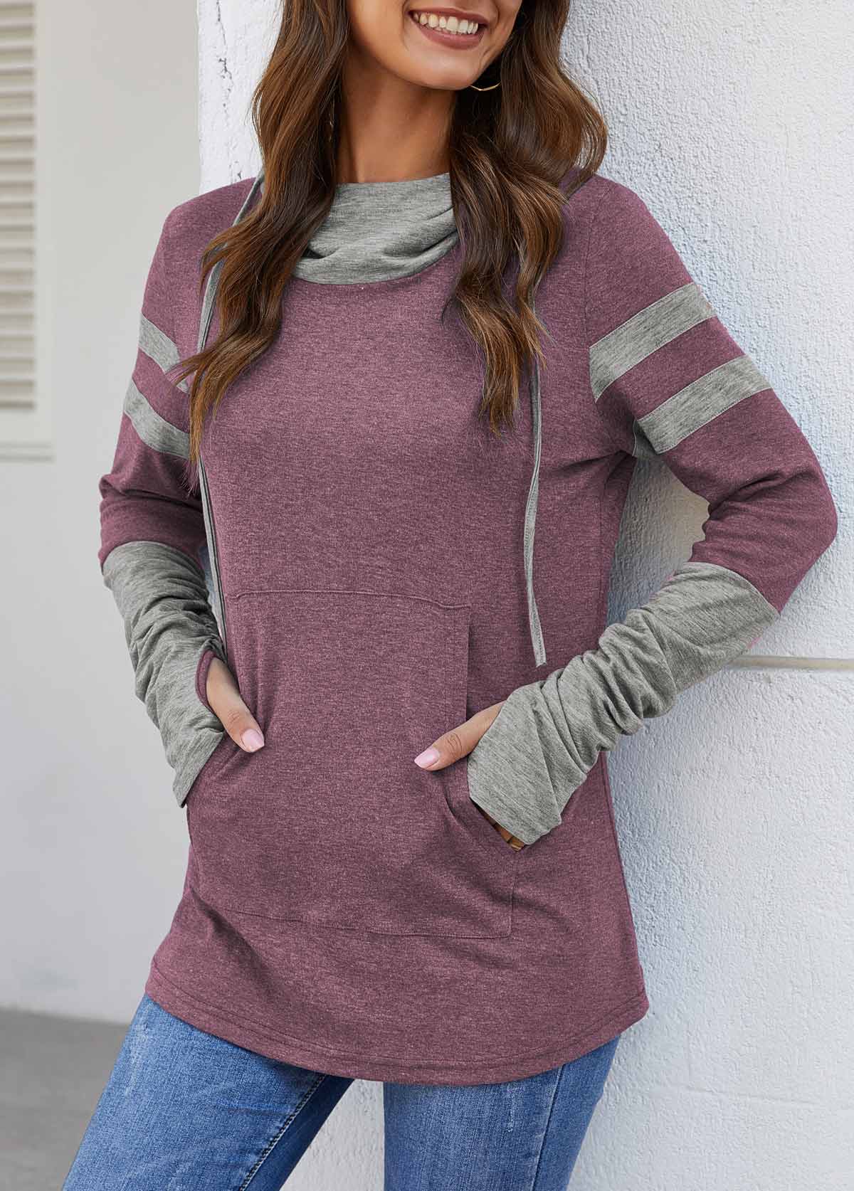 Striped tops,Hooded Collar Kangaroo Pocket Dusty Pink T Shirt