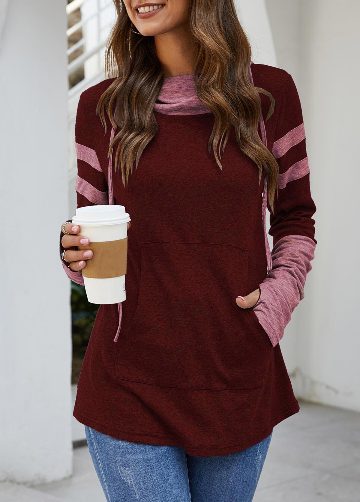 Wine Red tops,Striped tops,Wine Red Kangaroo Pocket Hooded Collar T Shirt