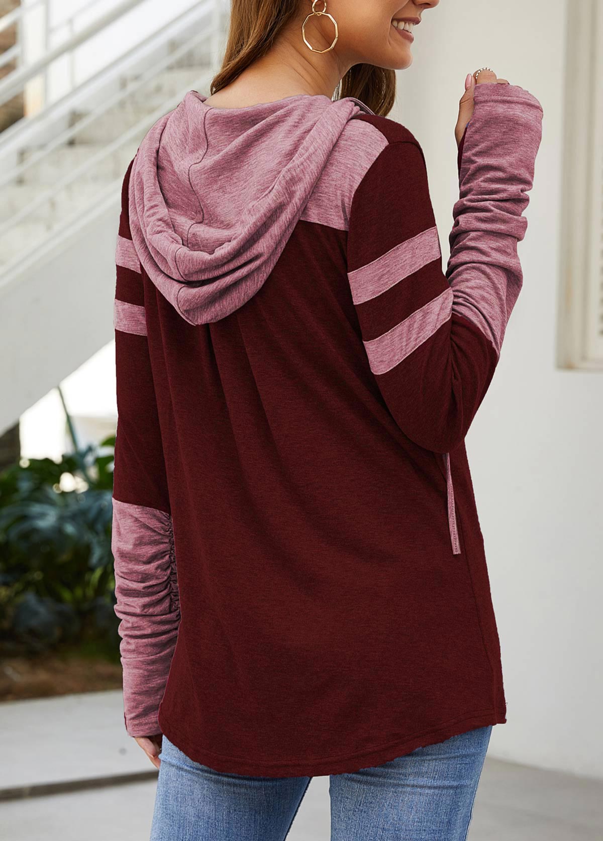 Wine Red tops,Striped tops,Wine Red Kangaroo Pocket Hooded Collar T Shirt