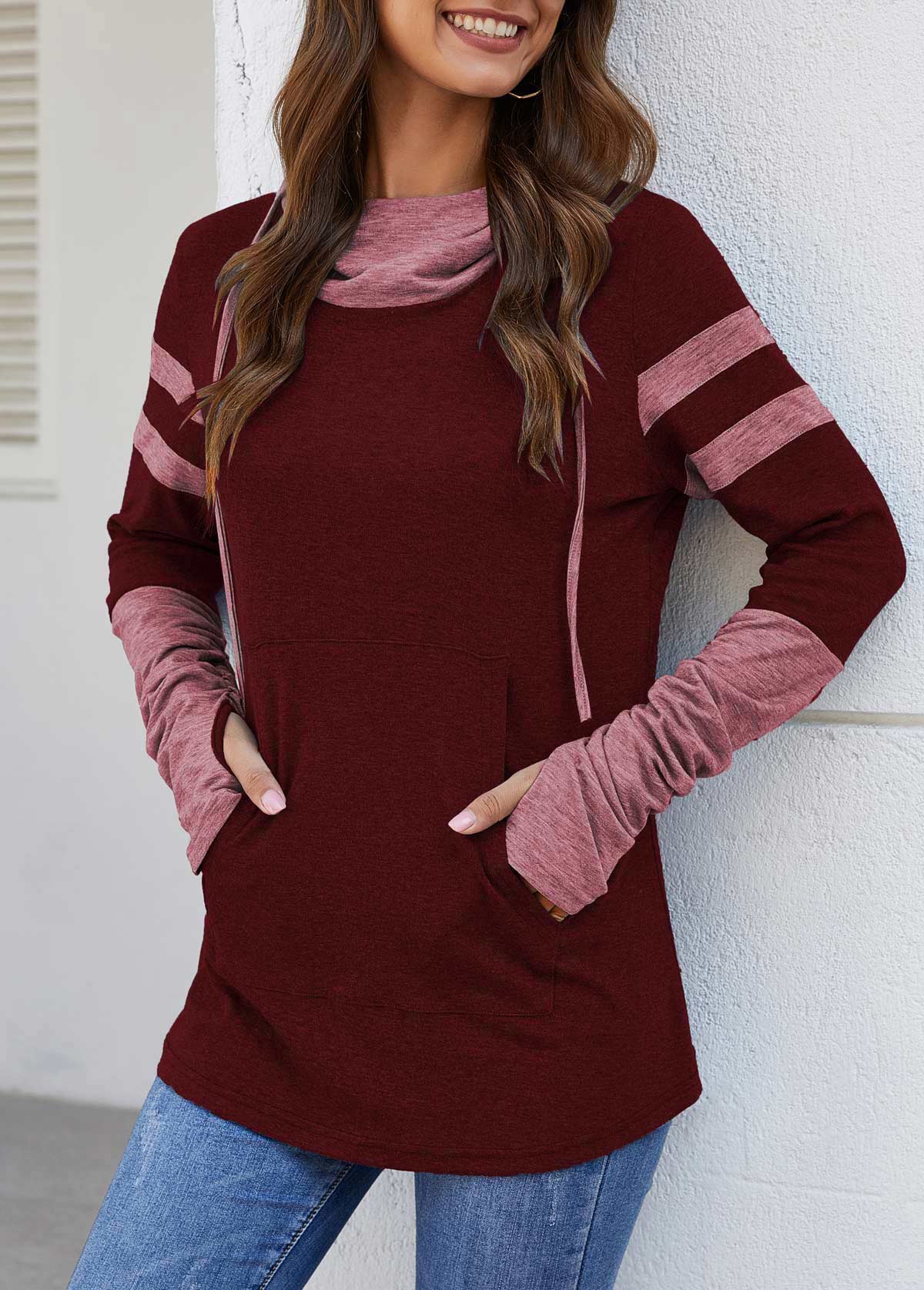Wine Red tops,Striped tops,Wine Red Kangaroo Pocket Hooded Collar T Shirt
