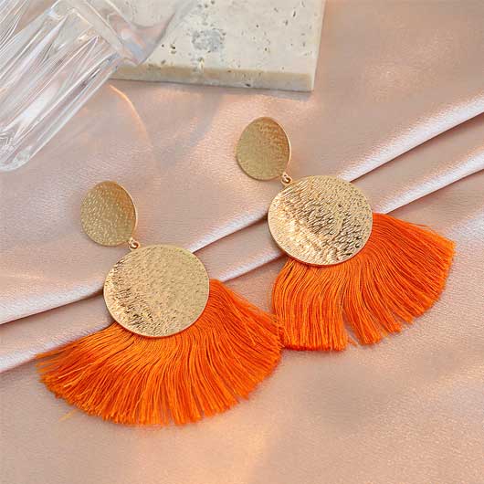 Orange Metal Detail Tassel Design Earrings