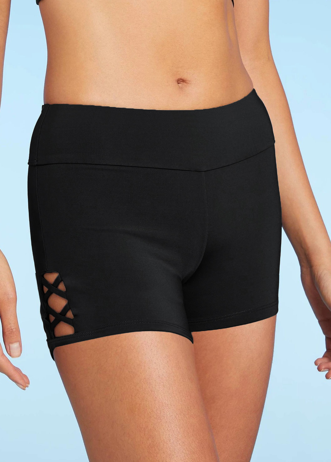 ROTITA Lace Up Black Mid Waist Swim Shorts