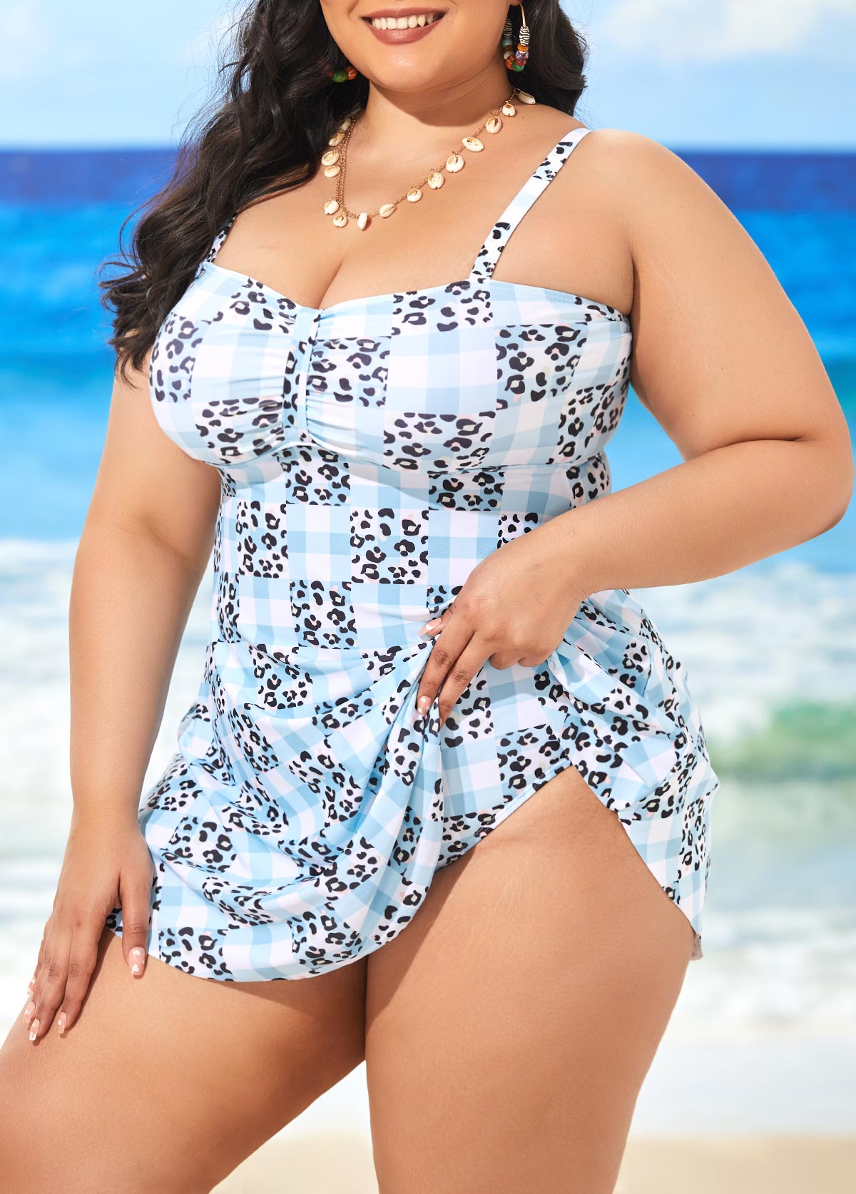 Plaid plus size,Plus Size Leopard Light Blue Plaid Swimdress and Panty